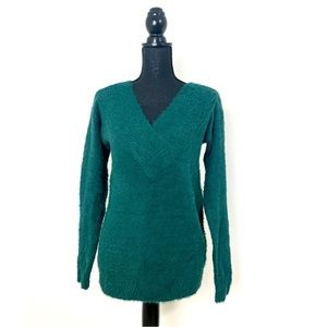 A New Day V-Neck Soft Fuzzy Dark Green Sweater